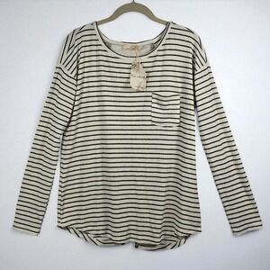 Hem & Thread Top Woman Small Cream Black Striped Long Sleeve Tunic Mesh Back NWT